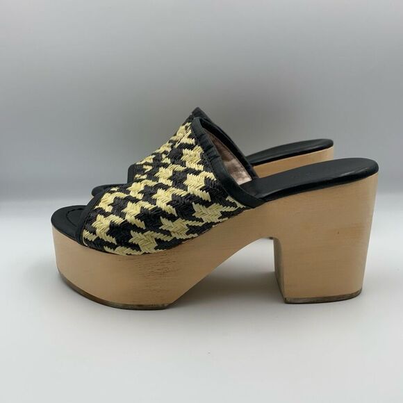 Logan Open Toe Leather‎ Raffia Houndstooth Wooden Clog Black Cream Size 36 - Picture 6 of 13